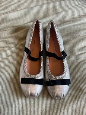 Marc Jacobs Silver Ballet Flats with Black Ribbon